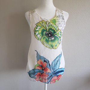 Desigual Top Blouse Size S Sequin Beads Floral Chiffon Lined Keyhole Shimmery